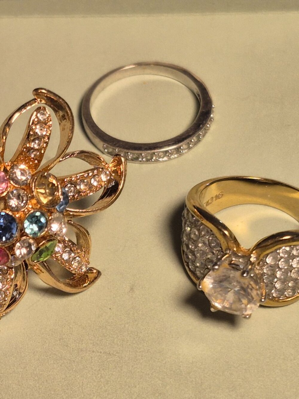 3 Ring Lot: Vintage Adjustable Flower, Eternity Band & CZ Solitaire